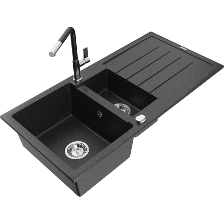 Mexen Andres 1.5-compartment granite sink with a drip tray and kitchen mixer tap Flora, Black/Silver - 6515-73-670401-07