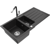 Mexen Andres 1.5-compartment granite sink with a drip tray and kitchen mixer tap Flora, Black/Silver - 6515-73-670401-07