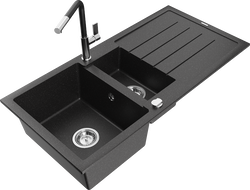 Mexen Andres granite kitchen sink 1.5-bowl with drainer and Flora kitchen faucet, black/silver - 6515-73-670401-07