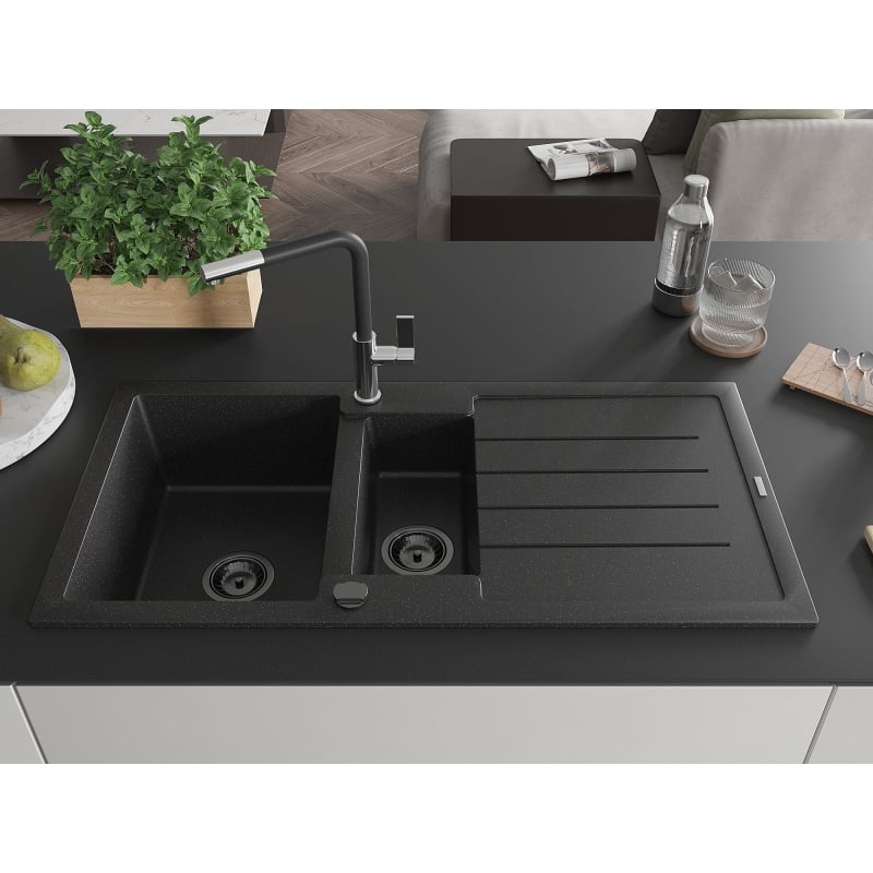 Mexen Andres granite sink 1.5-bowl with drainer and Flora kitchen faucet, black/silver - 6515-73-670401-07-B
