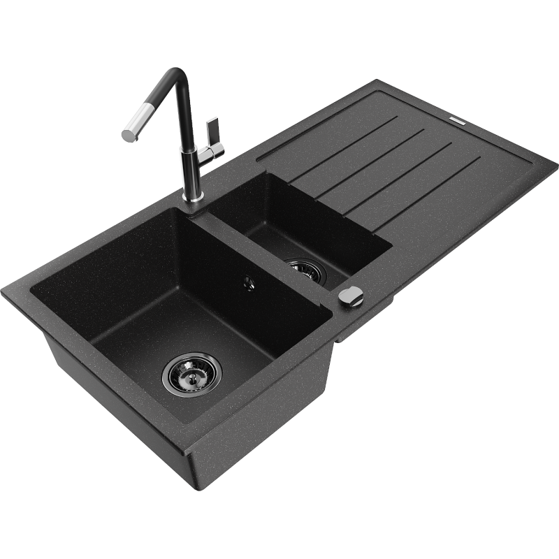 Mexen Andres 1.5-compartment granite sink with a drip tray and kitchen mixer tap Flora, Black/Silver - 6515-73-670401-07-B