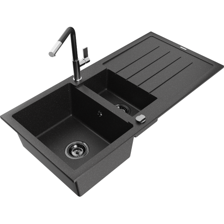 Mexen Andres granite sink 1.5-bowl with drainer and Flora kitchen faucet, black/silver - 6515-73-670401-07-B
