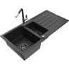 Mexen Andres 1.5-compartment granite sink with a drip tray and kitchen mixer tap Flora, Black/Silver - 6515-73-670401-07-B