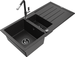 Mexen Andres granite sink 1.5-bowl with drainer and Flora kitchen tap, black/silver - 6515-73-670401-07-B
