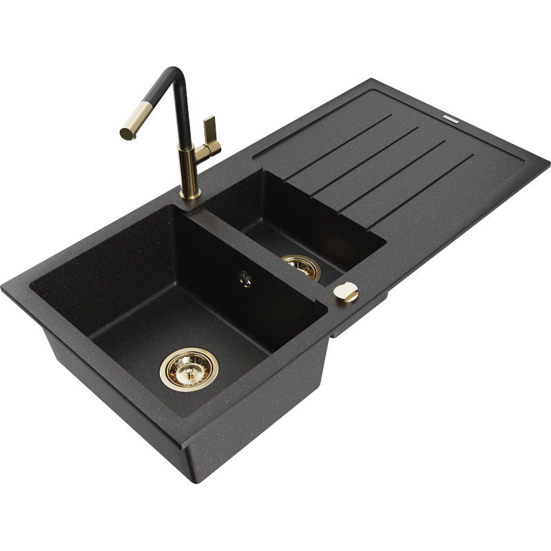 Mexen Andres 1.5-compartment granite sink with a drip tray and kitchen mixer tap Flora, Black/Silver - 6515-73-670401-57-G