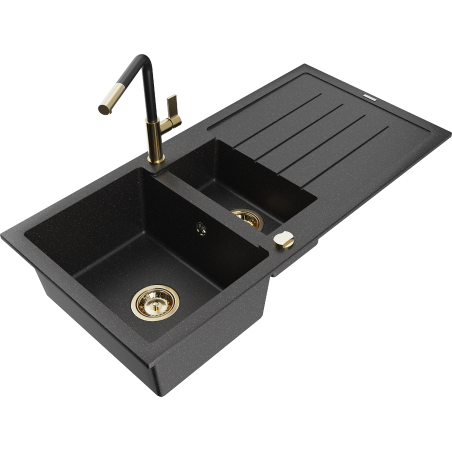 Mexen Andres 1.5-bowl granite sink with drainer and Flora kitchen faucet, black/silver - 6515-73-670401-57-G