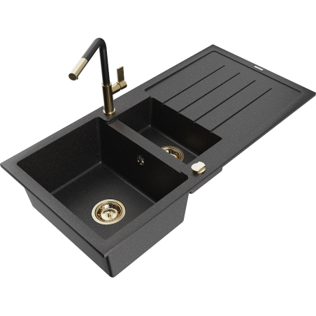 Mexen Andres granite sink 1.5-bowl with drainer and Flora kitchen faucet, black/silver - 6515-73-670401-57-G
