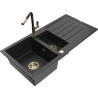 Mexen Andres 1.5-bowl granite sink with drainer and Flora kitchen faucet, black/silver - 6515-73-670401-57-G