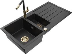 Mexen Andres 1.5-bowl granite sink with drainer and Flora kitchen faucet, black/silver - 6515-73-670401-57-G