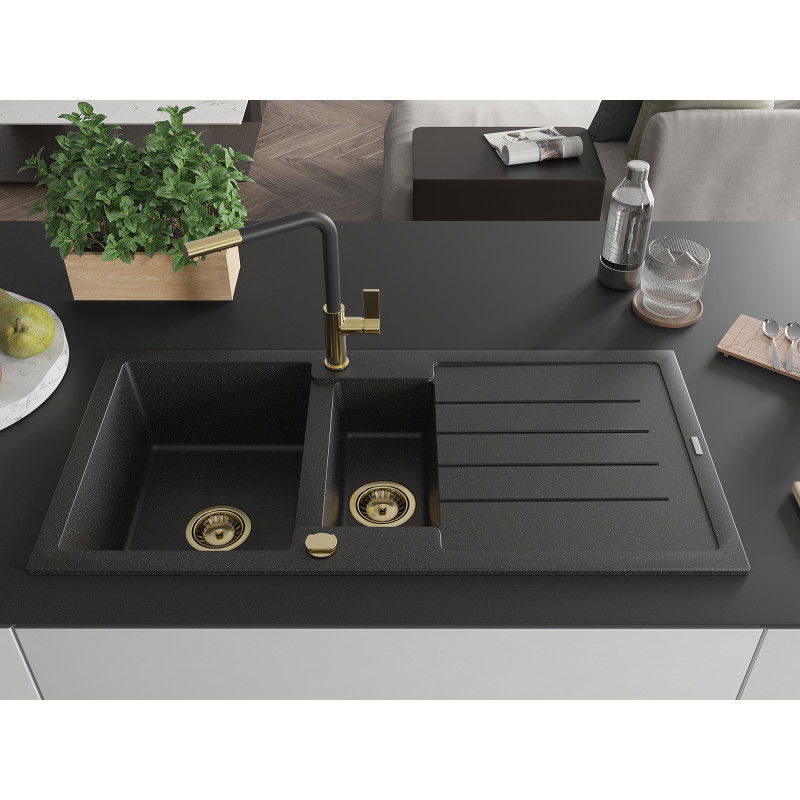 Mexen Andres Granite Sink 1.5-Bowl with Drainer and Flora Kitchen Tap, Black/Silver - 6515-73-670401-57-G