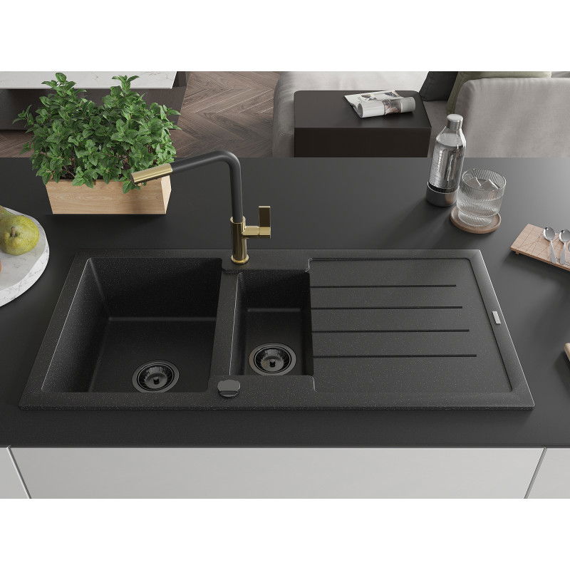 Mexen Andres 1.5-bowl granite kitchen sink with drainer and Flora kitchen tap, black/silver - 6515-73-670401-57-B