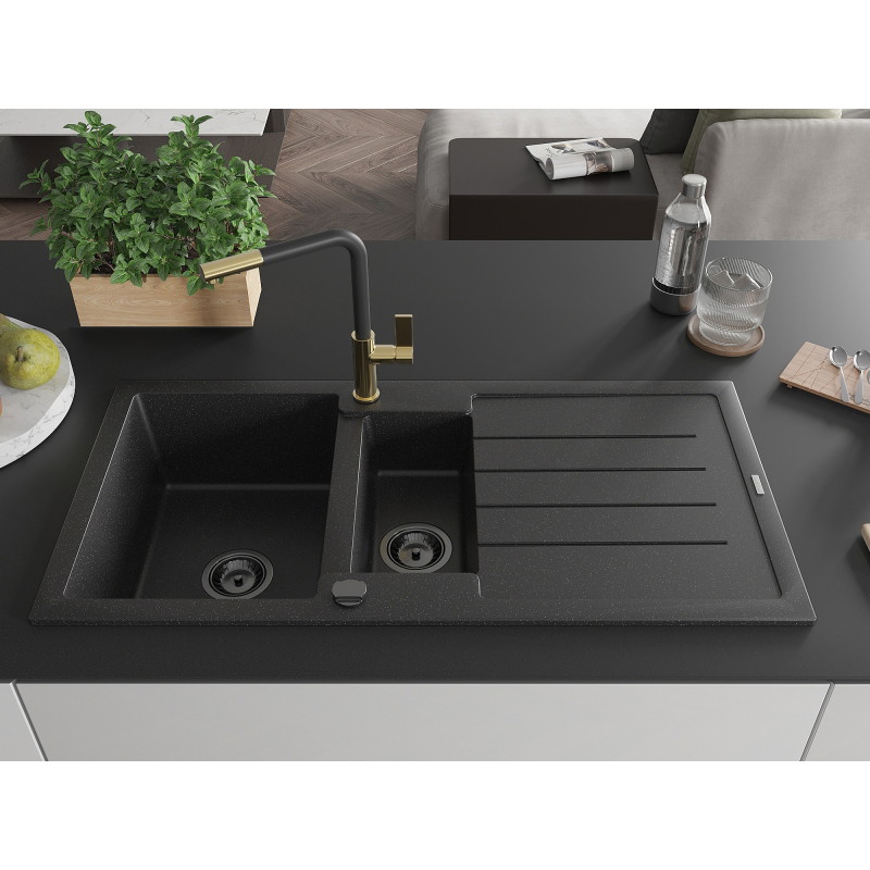 Mexen Andres granite kitchen sink 1.5-bowl with drainer and kitchen faucet Flora, black/silver - 6515-73-670401-57-B