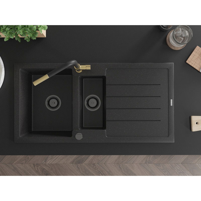 Mexen Andres 1.5-bowl granite kitchen sink with drainer and Flora kitchen tap, black/silver - 6515-73-670401-57-B