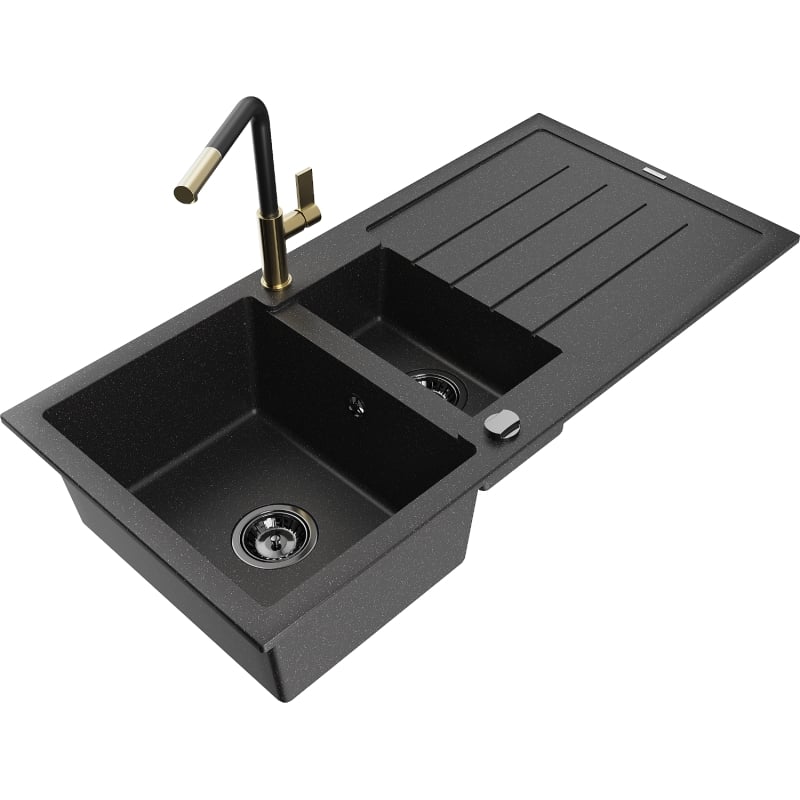 Mexen Andres granite kitchen sink 1.5-bowl with drainer and kitchen faucet Flora, black/silver - 6515-73-670401-57-B