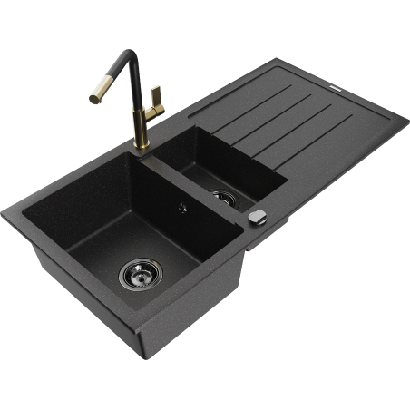 Mexen Andres 1.5-bowl granite sink with drainer and Flora kitchen faucet, black/silver - 6515-73-670401-57-B