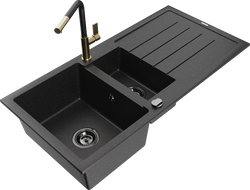 Mexen Andres 1.5-compartment granite sink with a drip tray and kitchen mixer tap Flora, Black/Silver - 6515-73-670401-57-B
