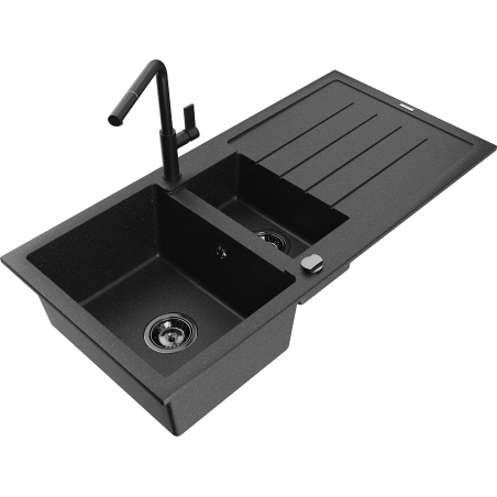 Mexen Andres granite sink 1.5-chamber with drainer and Flora kitchen faucet, black/silver - 6515-73-670401-70-B