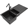 Mexen Andres 1.5-compartment granite sink with a drip tray and kitchen mixer tap Flora, Black/Silver - 6515-73-670401-70-B