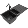 Mexen Andres granite sink 1.5-bowl with drainer and Flora kitchen faucet, black/silver - 6515-73-670401-70-B