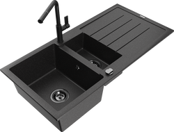 Mexen Andres granite sink 1.5-bowl with drainer and Flora kitchen faucet, black/silver - 6515-73-670401-70-B