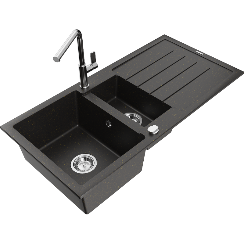 Mexen Andres 1.5-bowl granite sink with drainer and Flora kitchen tap, black/gold metallic - 6515-75-670401-00
