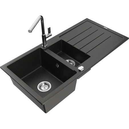Mexen Andres 1.5-bowl granite sink with drainer and Flora kitchen tap, black/gold metallic - 6515-75-670401-00