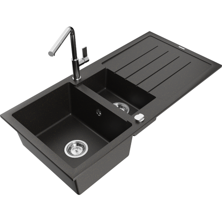 Mexen Andres 1.5-compartment granite sink with a drip tray and kitchen mixer tap Flora, Black/Gold metallic - 6515-75-670401-00