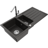 Mexen Andres 1.5-bowl granite sink with drainer and Flora kitchen faucet, black/gold metallic - 6515-75-670401-00