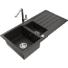 Mexen Andres granite sink 1.5-bowl with drainer and Flora kitchen faucet, black/gold metallic - 6515-75-670401-00