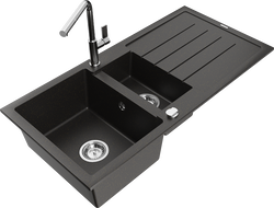 Mexen Andres 1.5-bowl granite sink with drainer and Flora kitchen faucet, black/gold metallic - 6515-75-670401-00