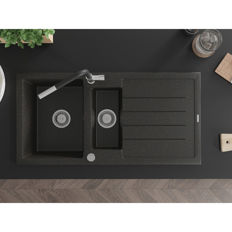 Mexen Andres granite sink 1.5-bowl with drainer and Flora kitchen faucet, black/gold metallic - 6515-75-670401-07