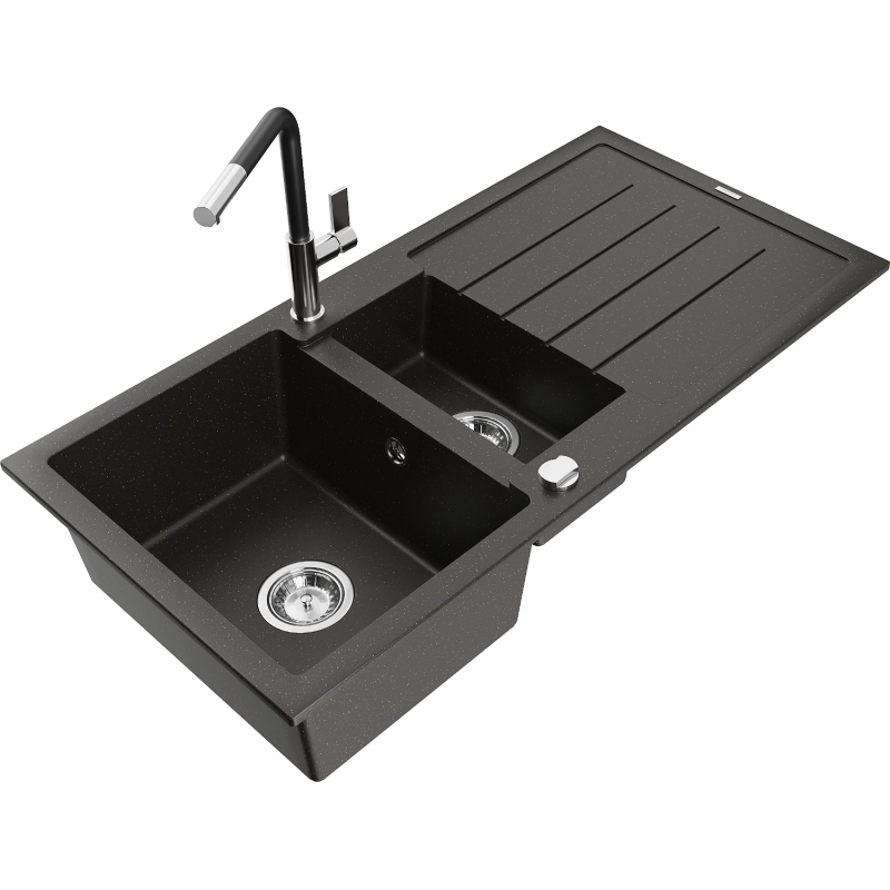 Mexen Andres 1.5-compartment granite sink with a drip tray and kitchen mixer tap Flora, Black/Gold metallic - 6515-75-670401-07