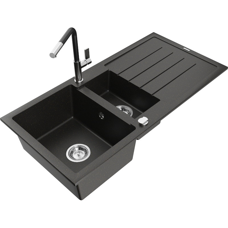 Mexen Andres granite sink 1.5-bowl with drainer and Flora kitchen faucet, black/gold metallic - 6515-75-670401-07