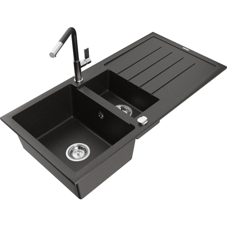 Mexen Andres 1.5-bowl granite sink with drainer and Flora kitchen tap, black/gold metallic - 6515-75-670401-07