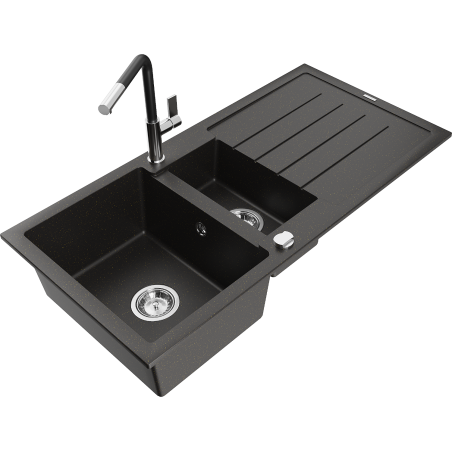 Mexen Andres granite sink 1.5-bowl with drainer and Flora kitchen faucet, black/gold metallic - 6515-75-670401-07