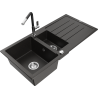 Mexen Andres 1.5-compartment granite sink with a drip tray and kitchen mixer tap Flora, Black/Gold metallic - 6515-75-670401-07