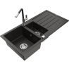 Mexen Andres granite sink 1.5-bowl with drainer and Flora kitchen faucet, black/gold metallic - 6515-75-670401-07