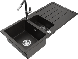 Mexen Andres granite sink 1.5-bowl with drainer and Flora kitchen faucet, black/gold metallic - 6515-75-670401-07