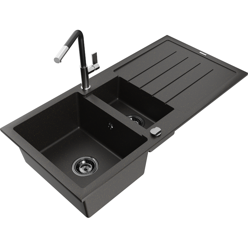Mexen Andres 1.5-compartment granite sink with a drip tray and kitchen mixer tap Flora, Black/Gold - 6515-75-670401-07-B