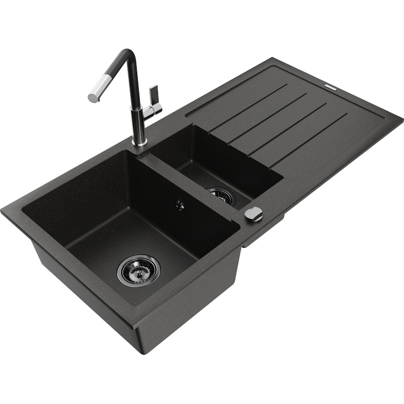 Mexen Andres granite sink 1.5-bowl with drainer and Flora kitchen faucet, black/gold - 6515-75-670401-07-B