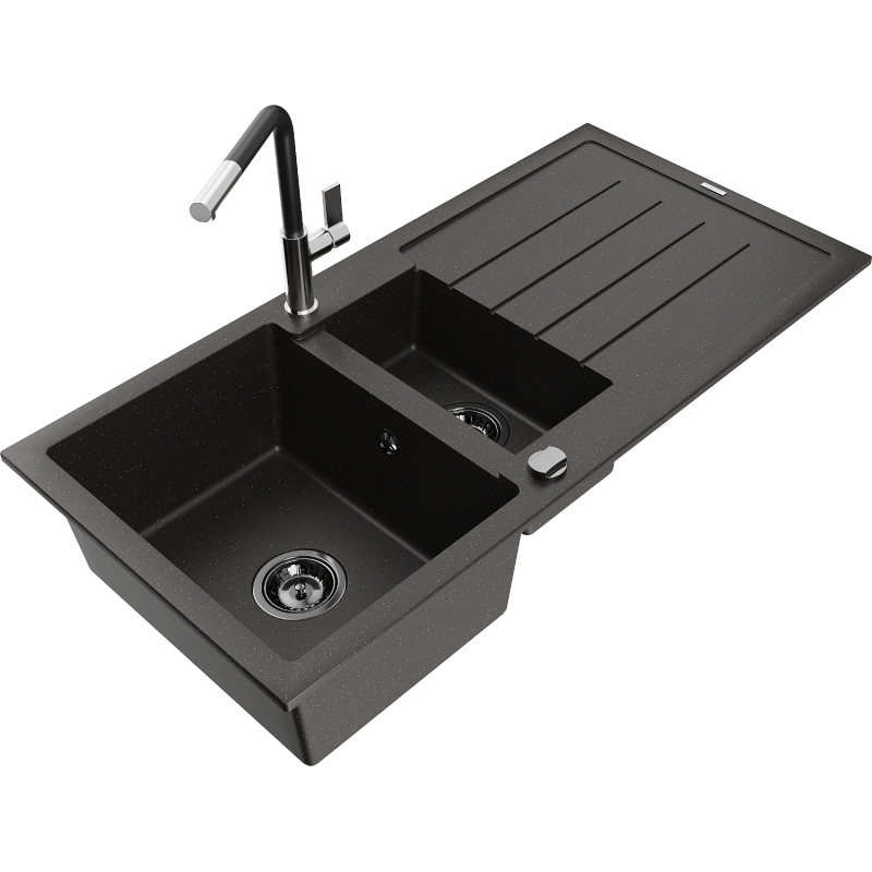 Mexen Andres granite sink 1.5-bowl with drainer and Flora kitchen tap, black/gold - 6515-75-670401-07-B