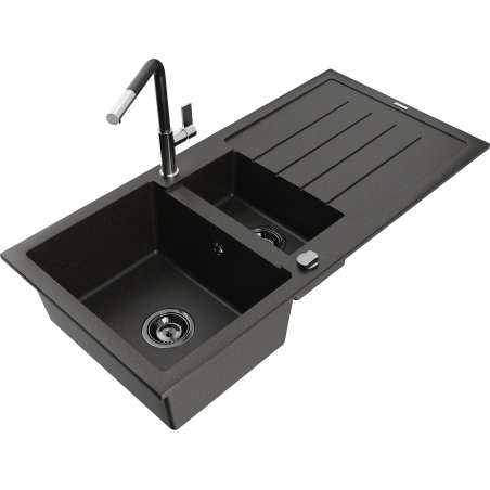 Mexen Andres 1.5-compartment granite sink with a drip tray and kitchen mixer tap Flora, Black/Gold - 6515-75-670401-07-B