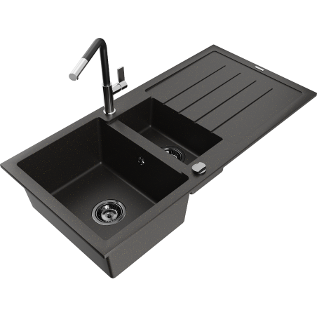 Mexen Andres granite sink 1.5-bowl with drainer and Flora kitchen faucet, black/gold - 6515-75-670401-07-B
