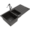 Mexen Andres 1.5-compartment granite sink with a drip tray and kitchen mixer tap Flora, Black/Gold - 6515-75-670401-07-B