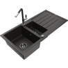Mexen Andres granite sink 1.5-bowl with drainer and Flora kitchen faucet, black/gold - 6515-75-670401-07-B