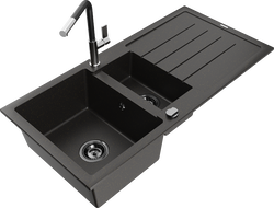 Mexen Andres granite sink 1.5-bowl with drainer and Flora kitchen faucet, black/gold - 6515-75-670401-07-B