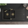 Mexen Andres granite sink 1.5-bowl with drainer and Flora kitchen faucet, black/gold - 6515-75-670401-57-G