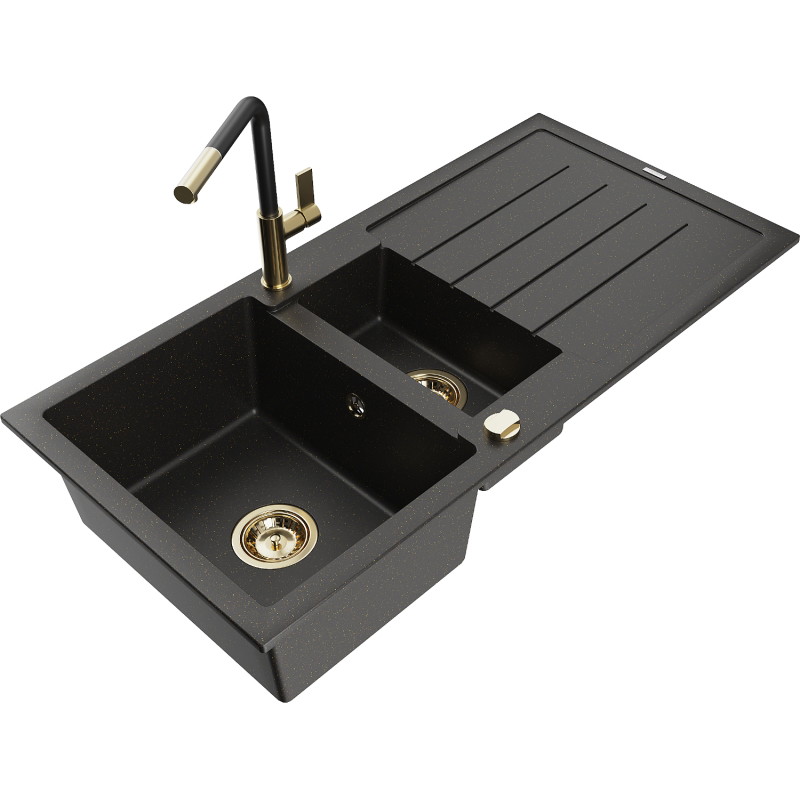 Mexen Andres granite kitchen sink 1.5-bowl with drainer and Flora kitchen faucet, black/gold - 6515-75-670401-57-G