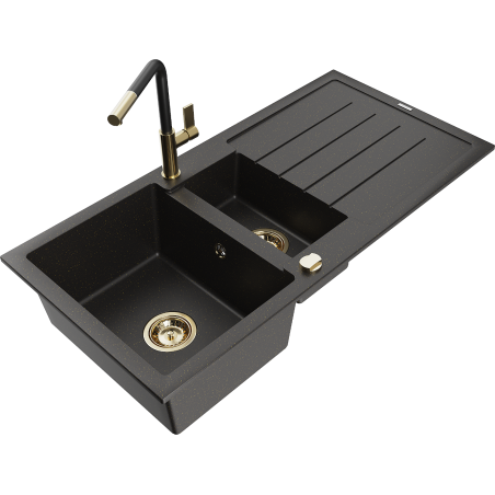 Mexen Andres granite kitchen sink 1.5-bowl with drainer and Flora kitchen faucet, black/gold - 6515-75-670401-57-G