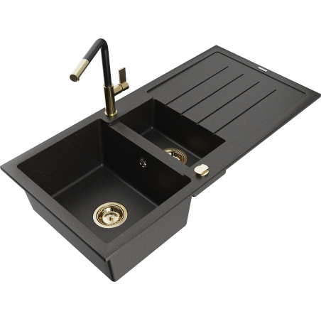 Mexen Andres granite sink 1.5-bowl with drainer and Flora kitchen faucet, black/gold - 6515-75-670401-57-G